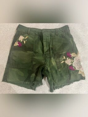 Free People Green Camo Embroidered High-Rise Jean Shorts